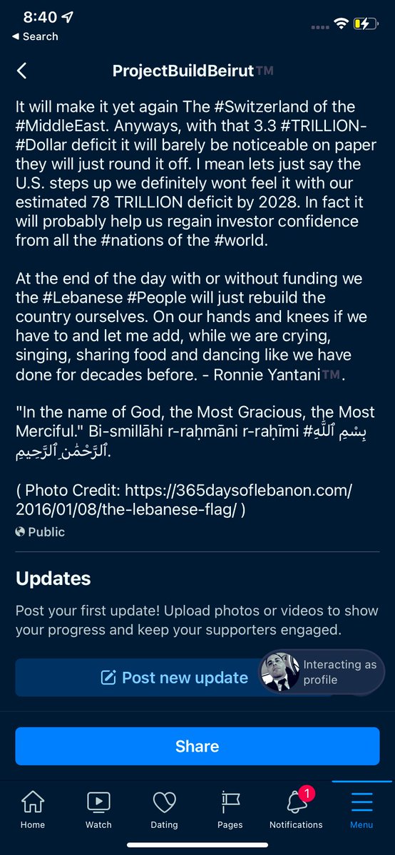 Believe me #Beirut, I have not forgotten about you. I’ve been working on you, however forgive me. Had few things in my life that needed my attention, only raised $60. 

P. S. The original amount was $100,000,000. —