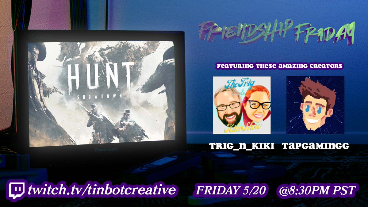 tinbotcreative's tweet photo. Tonight, THE HUNT FOR FRIENDSHIP RETURNS!!! with @KikiTrig and @tapgamingg. Join us as we try to run around and make friends in Hunt: Showdown. Hopefully, our kind words will keep us alive.

8:30PM PST on https://t.co/hLbfGQStPx

#huntshowdown #twitchstreamer https://t.co/L5q0j7PLns