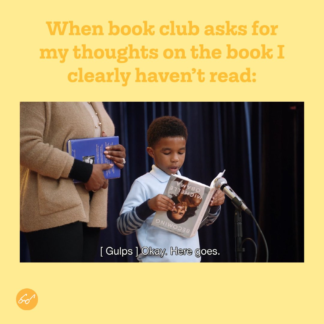 A yellow background with a photo from Abbott Elementary on top, showing a young boy reading a copy of Becoming upside down. Text above the image says: “When book club asks for my thoughts on the book I clearly haven’t read.” Text over the image reads: “[Gulp] Okay. Here goes.”