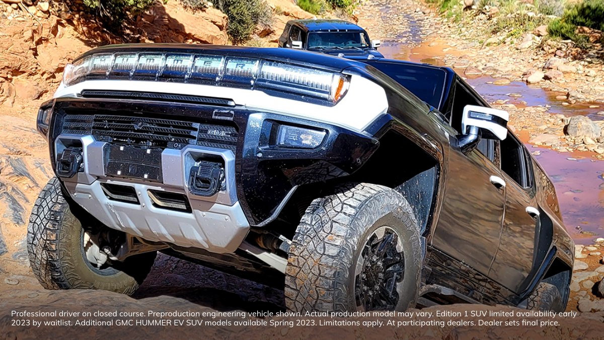 GMC's tweet image. No rock was left unconquered. The #GMCHummerEV SUV crushed another round of supertruck testing in Moab, UT.

Reserve yours: gmc.com/HummerEV