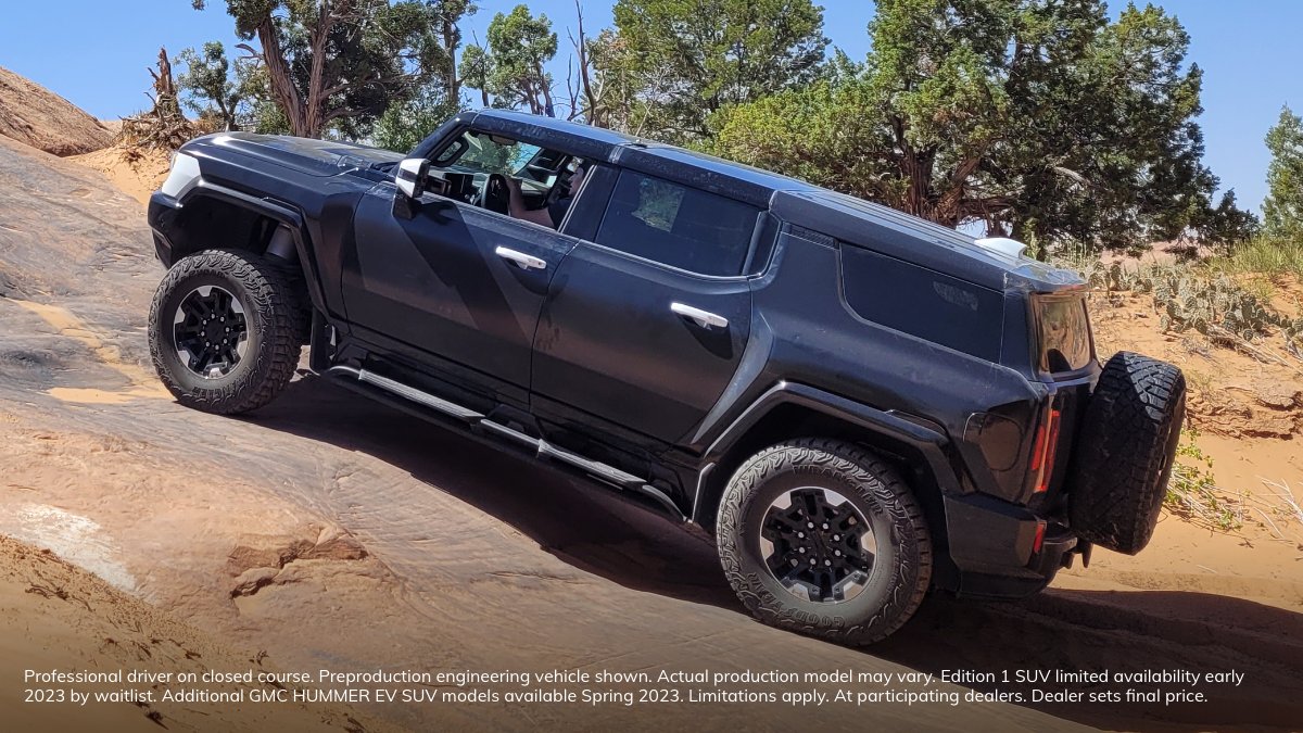 GMC's tweet image. No rock was left unconquered. The #GMCHummerEV SUV crushed another round of supertruck testing in Moab, UT.

Reserve yours: gmc.com/HummerEV