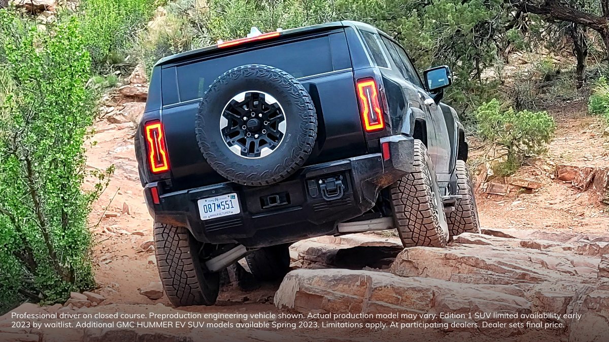 GMC's tweet image. No rock was left unconquered. The #GMCHummerEV SUV crushed another round of supertruck testing in Moab, UT.

Reserve yours: gmc.com/HummerEV