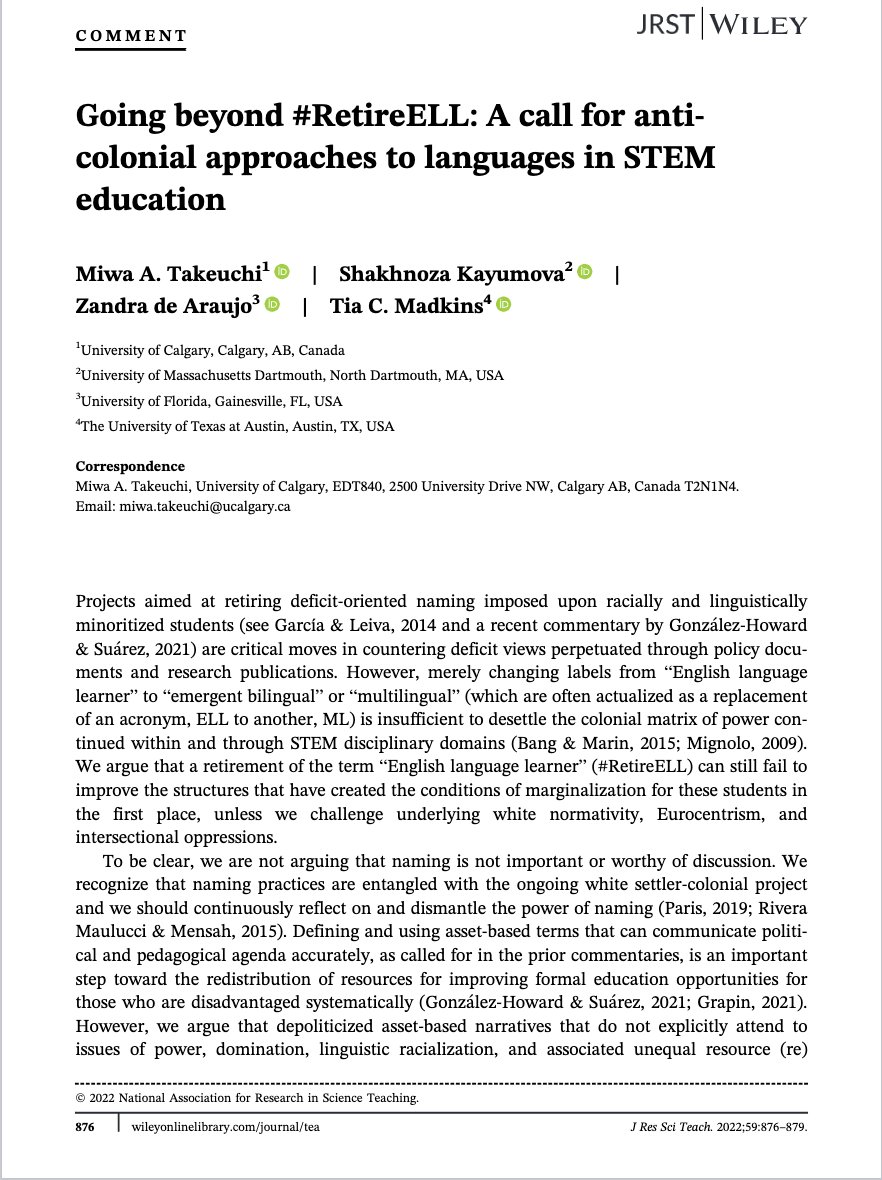ICYMI:Comment Article: Going beyond #RetireELL: A call for anti-colonial approaches to languages in STEM education

Check it here doi.org/10.1002/tea.21…
