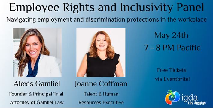IGDA's tweet image. Tune in for a conversation and Q&amp;amp;A about dealing with employees’ rights and inclusivity. This covers practical advice on what to watch out for/how to respond to workplace harassment &amp;amp; discrimination.

Register for FREE: ow.ly/PUtY50Je1Vc

#gamedev #gameindustry #LAChapter