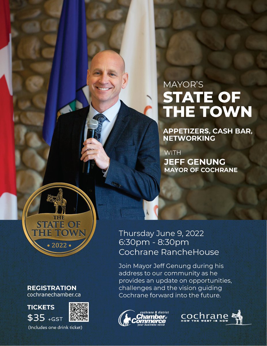 Register today for the annual Mayor’s State of the Town Address. Registration closes June 2. The presentation is in conjunction with the Cochrane &amp; District Chamber of Commerce and registration is from the Chamber website business.cochranechamber.ca/events/details…