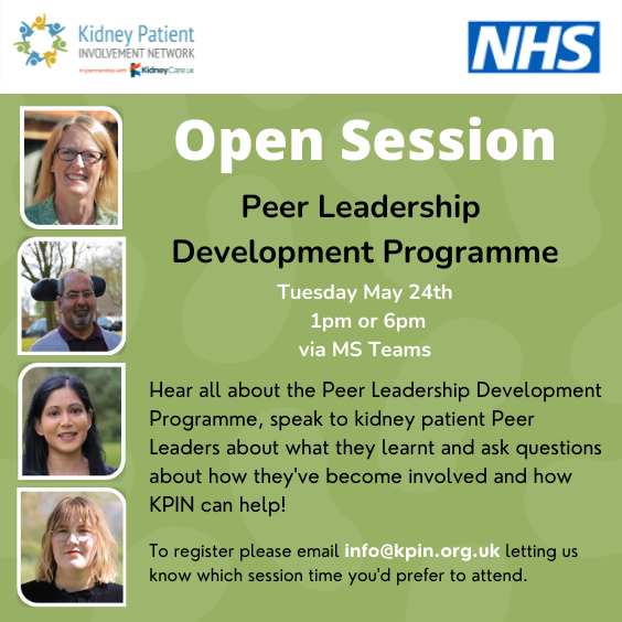 KPIN_UK's tweet photo. There's still time to register for our Peer Leadership Development Programme open info sessions next Tuesday! A great opportunity for people living with kidney disease, carers and kidney health professionals! #GetInvolvedKPIN #PeerLeaders https://t.co/c28JG1slgj