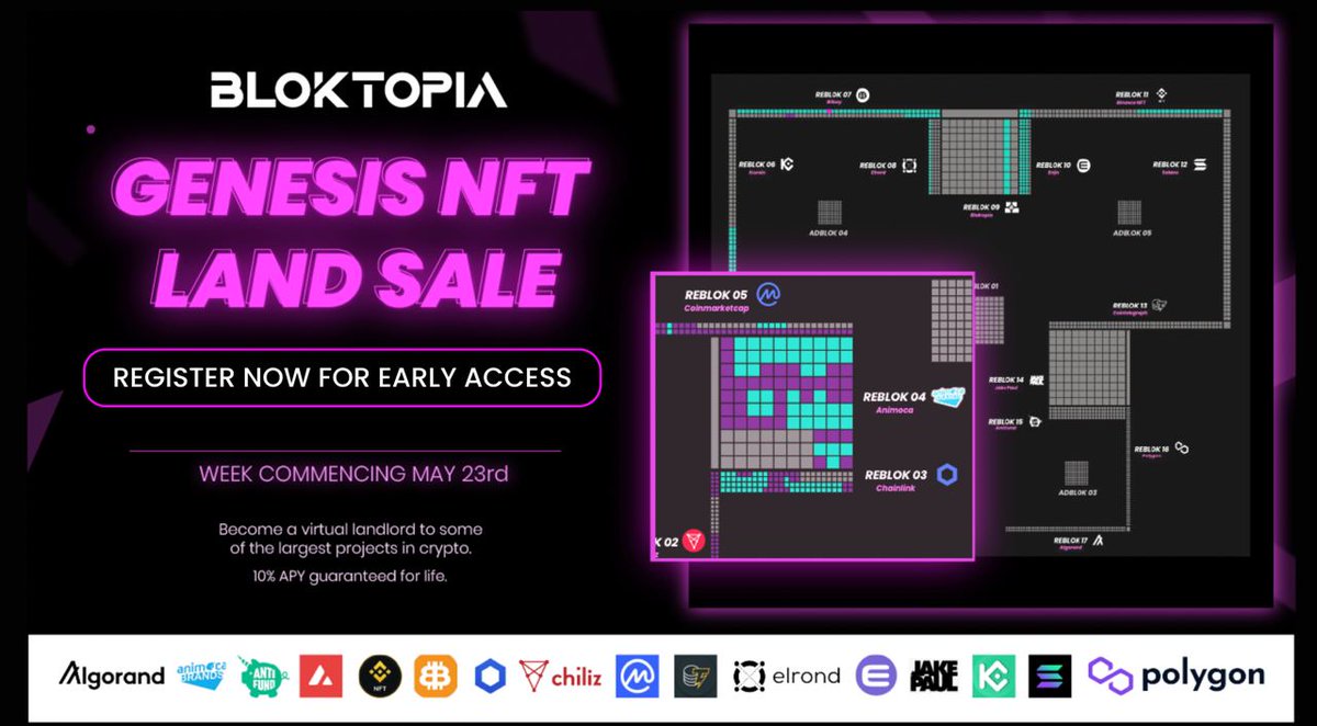 🚨📢 BLOKTOPIA Genesis NFT Land Sale Portal will be live w/c 23rd May 2022! 🚀

Gain early access for next week's sale by registering here: landsale.bloktopia.com (this portal cannot be accessed by mobile).

#REBLOK #BLOK #LandSale #NFT #Burn