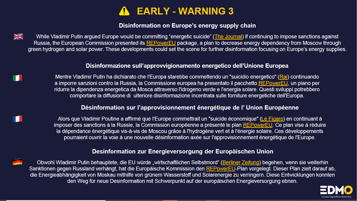 #EDMOeu will now publish bi-weekly insights on disinformation narratives on #RussiaUkraineWar as the pace of debunked #disinformation has changed since the beginning of the conflict.

But weekly #earlywarnings will be available in 🇬🇧 🇮🇹 🇫🇷 & 🇩🇪
 
👉Here edmo.eu/weekly-insight…