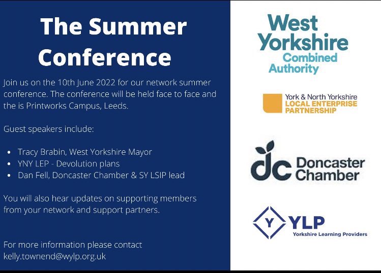 3 weeks today!!  Our summer conference…a morning dedicated to skills across Yorkshire with guests <a href="/MayorOfWY/">Tracy Brabin, Mayor of West Yorkshire</a> @dan_fell <a href="/DNChamber/">Doncaster Chamber</a> @YNYLEP <a href="/GetMyFirstJob/">GetMyFirstJob</a> 
Held at <a href="/Printworkskb/">Printworks Kitchen & Bar</a> Leeds 🙌🏼