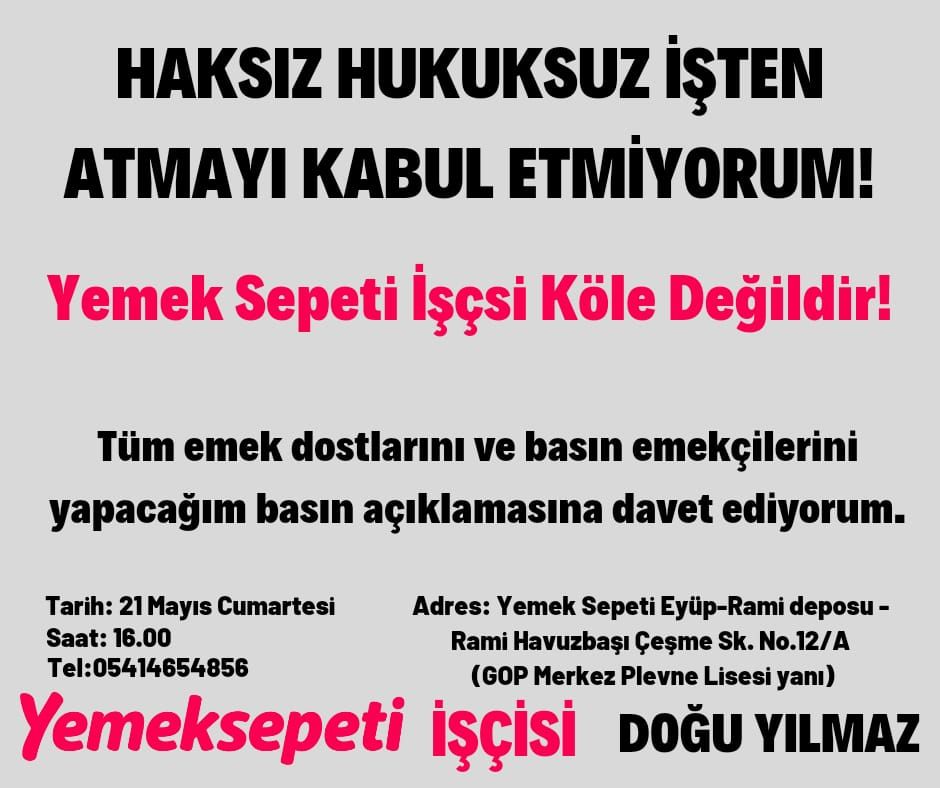 Yemek Sepeti Eyüp/Rami Deposu’nda kuryelik yapan, protestolara da aktif olarak destek veren Doğu Yılmaz çeşitli tutanaklar tutulmasının ardından işten atıldı. Yılmaz yarın 16:00'da Rami Deposu'nda basın açıklaması gerçekleştirecek.
kuryehaber.com/2022/05/yemek-… pic.x.com/BnlWIogrLO
