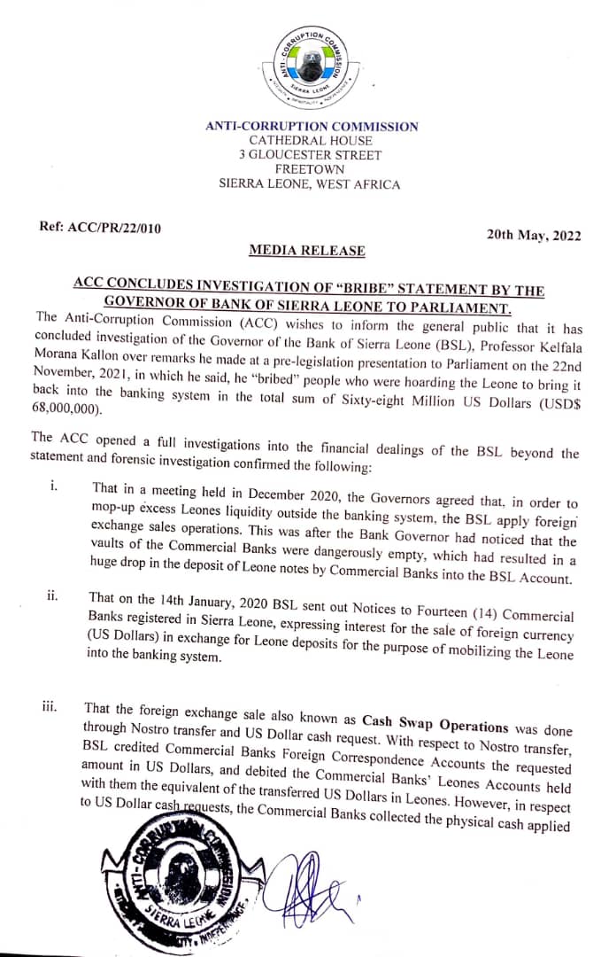 FrancisKaifala's tweet photo. ACC Concludes investigations of The Governor of Bank of Sierra Leone and the Central Bank of Sierra Leone for claim of "Bribe of Commercial Banks" by him as he stated in a statement to Parliament few months ago. https://t.co/GjUt0Thi21