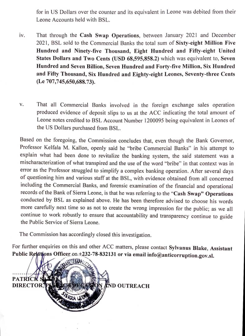 FrancisKaifala's tweet photo. ACC Concludes investigations of The Governor of Bank of Sierra Leone and the Central Bank of Sierra Leone for claim of "Bribe of Commercial Banks" by him as he stated in a statement to Parliament few months ago. https://t.co/GjUt0Thi21
