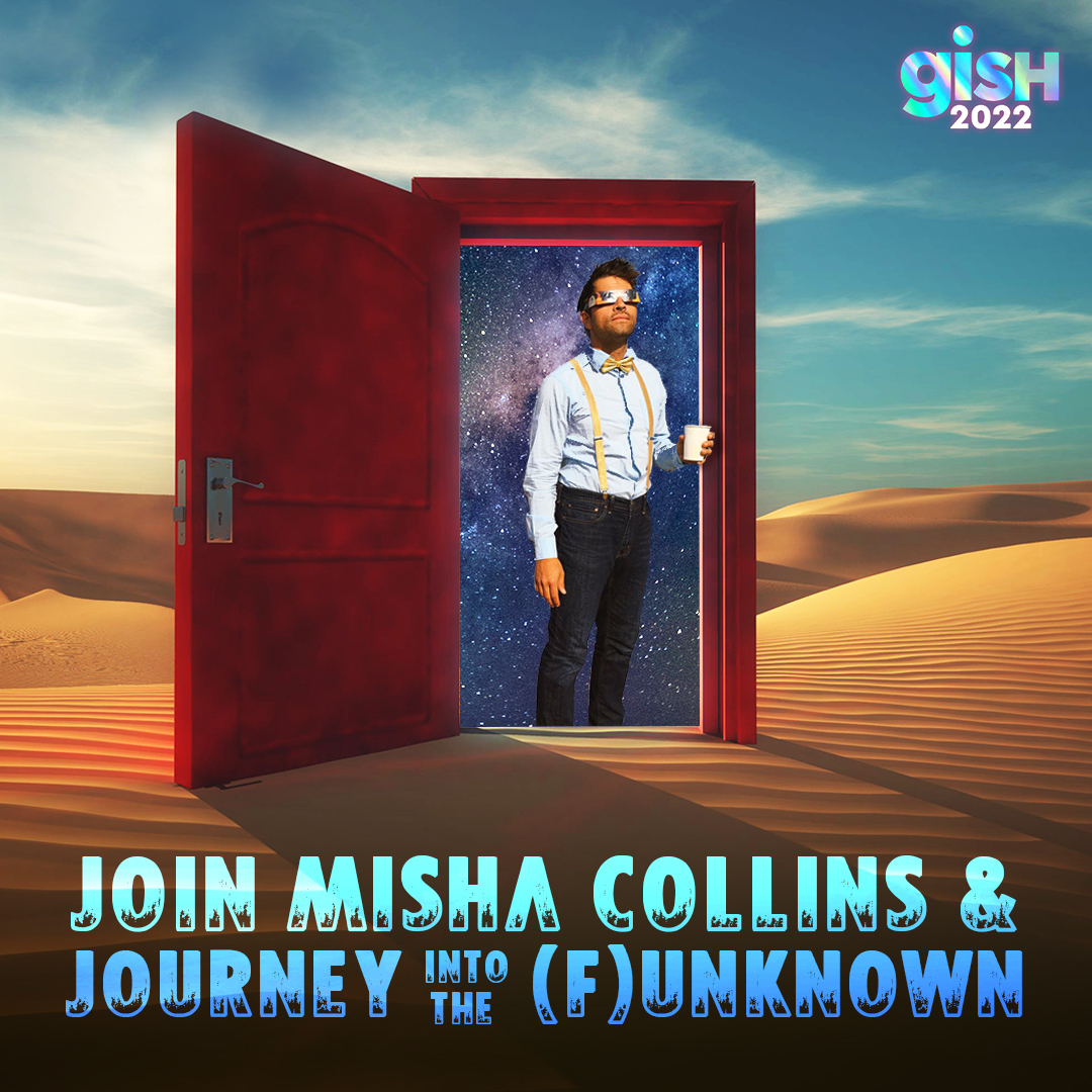Misha Collins holding a coffee cup and standing in a doorway filled with stars, surrounded by desert. Text: Join Misha Collins & journey into the (f)unknown.