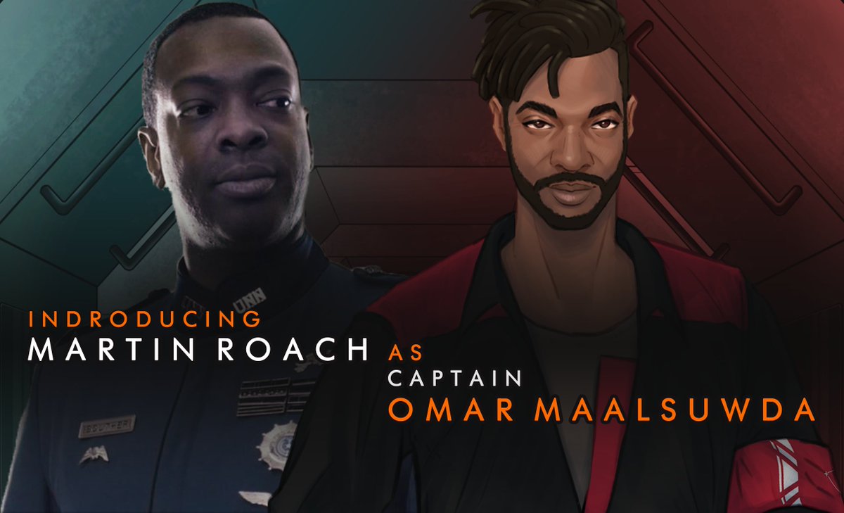 The Sojourn casting announcement graphic, featuring Martin Roach as Admiral Souther from The Expanse, and art by Leon Woo of new character Captain Omar Maalsuwda wearing a Frontier Union arm band. Text reads: Introducing Martin Roach as Captain Omar Maalsuwda. 