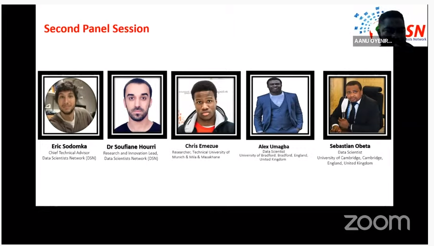 dsn_ai_network's tweet photo. #HappeningNow
Join our second-panel session at the DSN Research Masterclass.
Our Panelists are 
@esodomka 
Dr Soufiane Hourri
@ChrisEmezue 
@alexumagba101 
@giantstride4ev1 
Youtube Live> https://t.co/h1fJRgzFQY
#ResearchMasterclass #DSN #DataScienceNigeria #DataScientistsNetwork https://t.co/O9XzPN8lFx