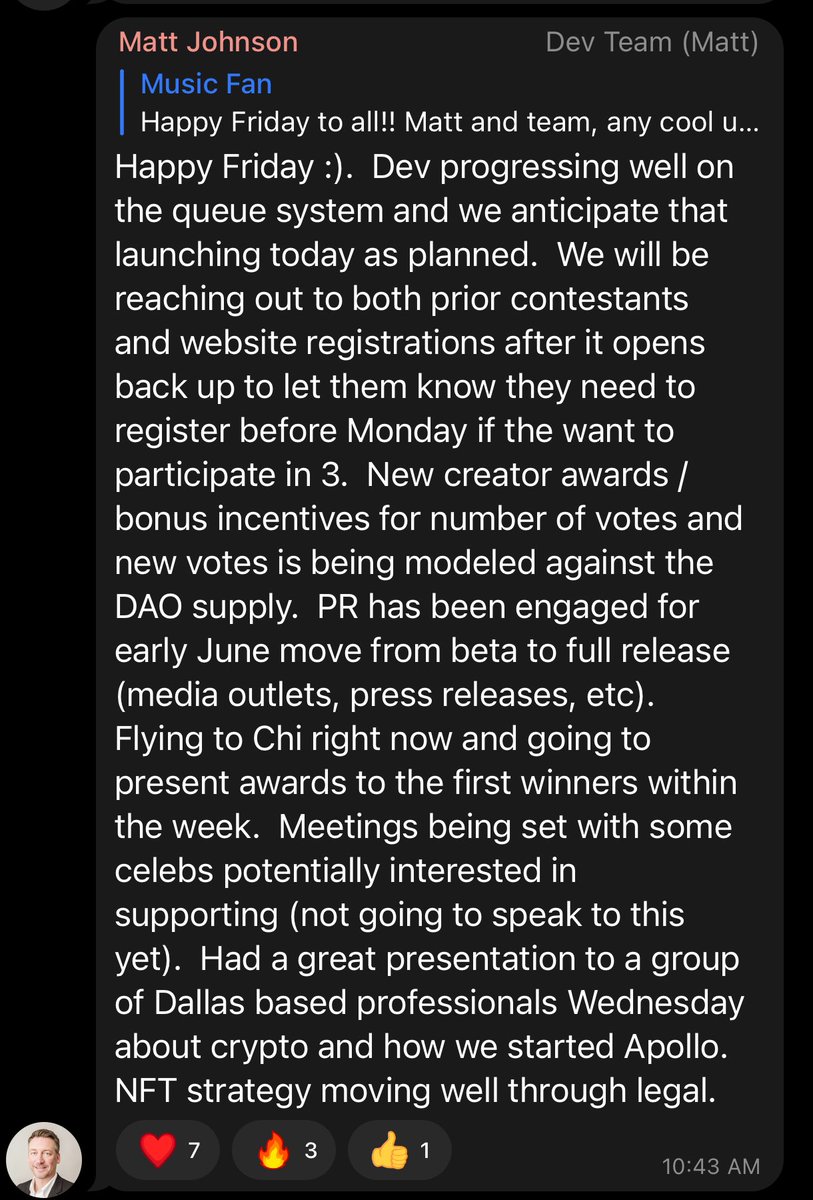 ApolloDAONews's tweet photo. Wow what an update! New queue for creators before contests start, new creator awards &amp; bonus incentives being tested, media releases lined up, potential celebrity supporters, and NFT strategy in the works!! Join the Apollo telegram to get these updates straight from the team! 🚀 https://t.co/LKmSJUe3C6