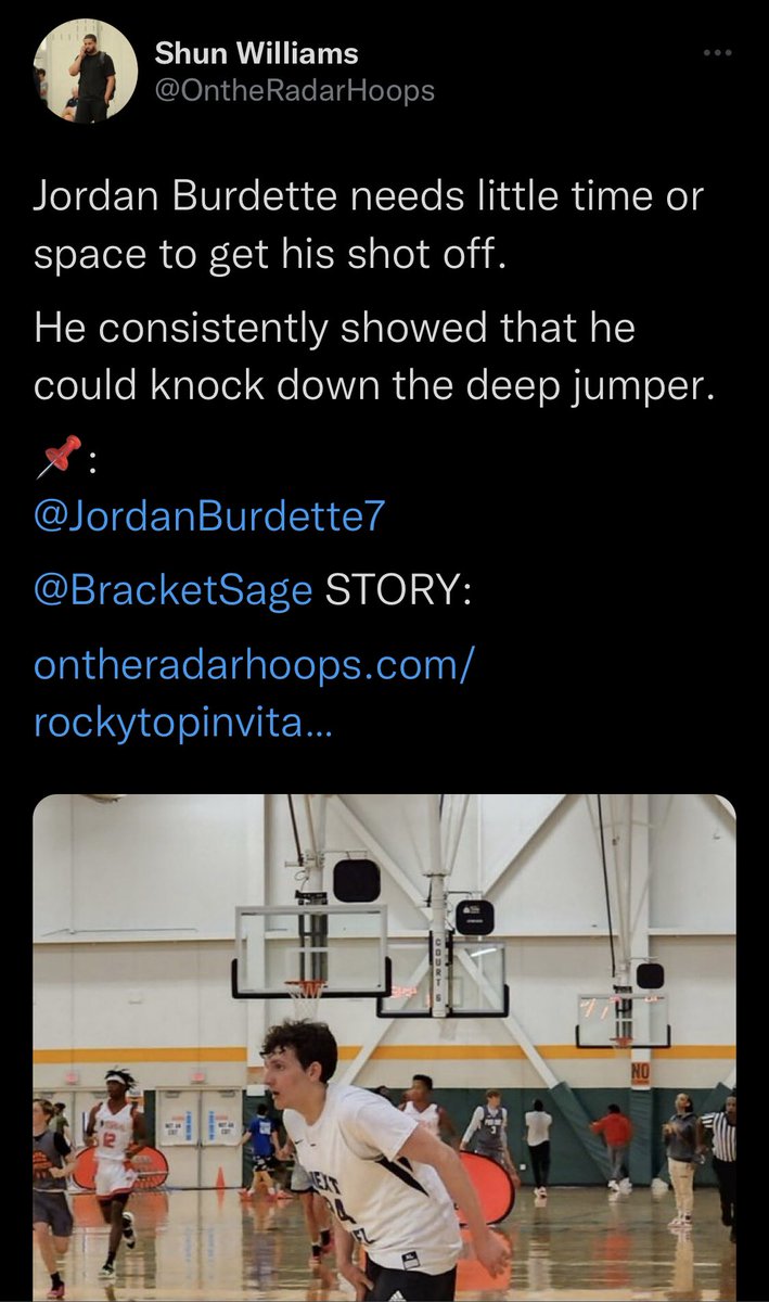 NextLevelElite_'s tweet photo. ‘23 Jordan Burdette caught 🔥 this weekend from behind the arc at @OTRHoops Rocky Top Invitational!

Catch @JordanBurdette7 in Rock Hill at @Phenom_Hoops #PhenomG3 against Team Hope 2023 McGee // 4:24pm Court 1
📍: Rock Hill Sports &amp; Events Center https://t.co/VIELFN5yEb