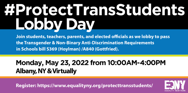 AmidaCareNY's tweet photo. Monday, 5/23 is #ProtectTransStudents Lobby Day, 10 am to 4 pm in Albany & virtually. Join students, teachers, parents and elected officials in lobbying to pass the #Transgender & #Non-Binary Anti-Discrimination Requirements in Schools bill. Register: https://t.co/bMPQmxtQVn https://t.co/wJedLHNlXg