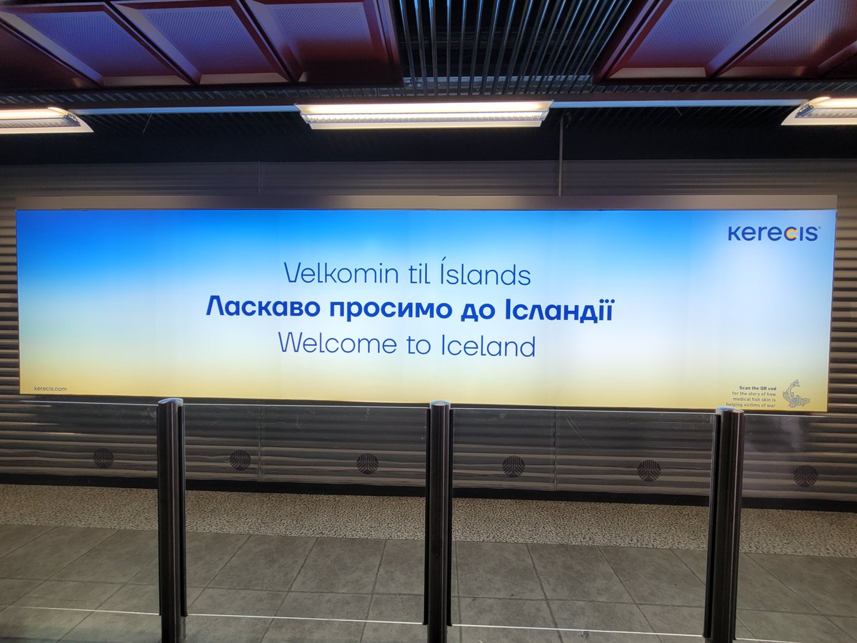 The new #Arctic, spotted <a href="/KEFairport/">Keflavík Airport (KEF)</a> in #Iceland: 

A sign welcoming Ukrainians sponsored by Icelandic fish-skin/bioengineering company <a href="/kereis/">Keila Reis</a>, with a "QR cod 🐟" that can be scanned for "the story of how medical fish skin is helping victims of war."

#Ukraine