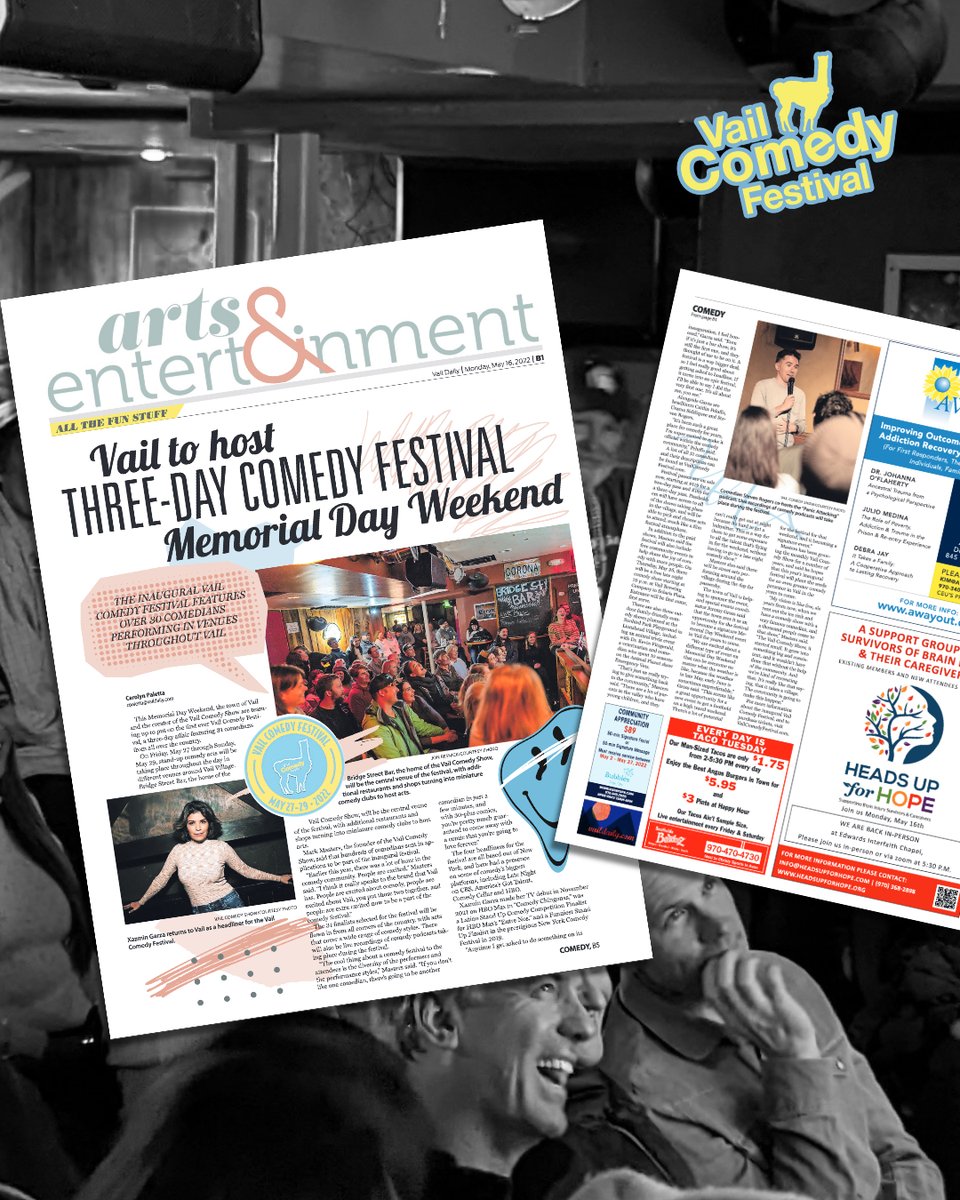 vailcomedyfest's tweet photo. Read all about it! This week we had an awesome story in Vail Daily, you can find the link to it on our website at https://t.co/IdXwh260LF
#comedyfest #comedyfestivals #comedyfestival #vailcomedyfestival #vailcomedy #memorialday2022 @VailDaily https://t.co/DEoxx004RC