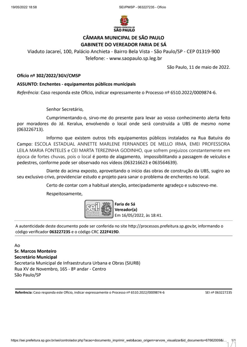 Coimbrajrc's tweet photo. Ofício n°063227235 do Gabinete Ver. Faria de Sá para Marcos Monteiro, Secretário Municipal da SIURB
Reivindicações das lideranças Leonildo e Cícero, moradores do Jardim Keralux.
 Local onde tem três escolas e está construindo a UBS do bairro, a maior preocupação é a enchente. https://t.co/6FaCY0Np7W