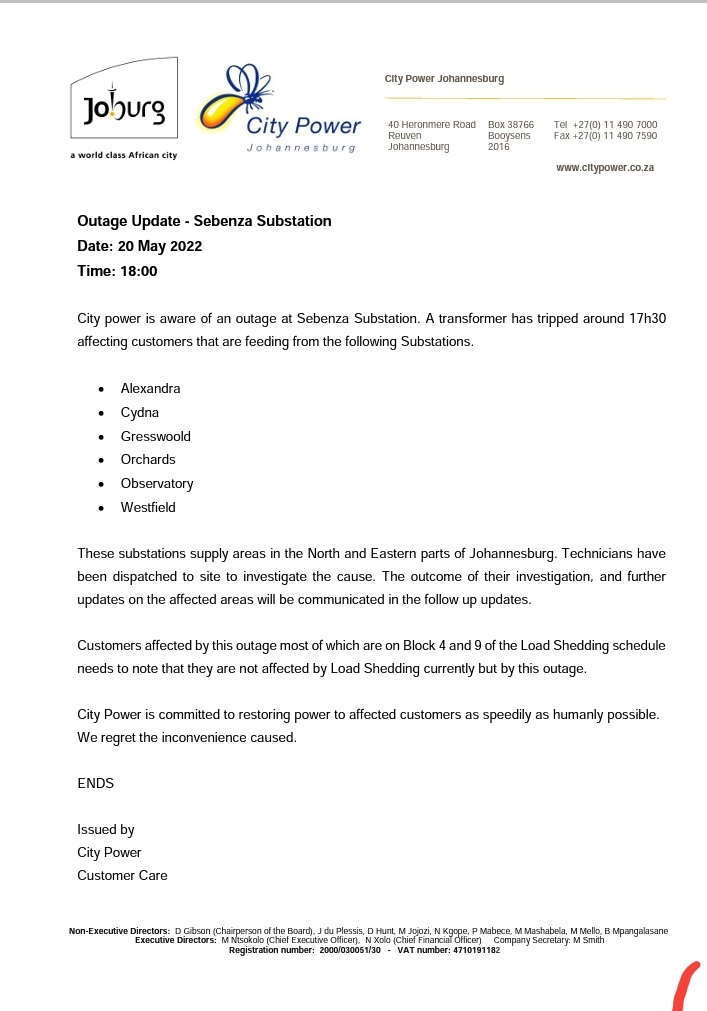 #JoburgUpdates #Sebenza 

City Power is aware of an outage at Sebenza Substation. ^TM