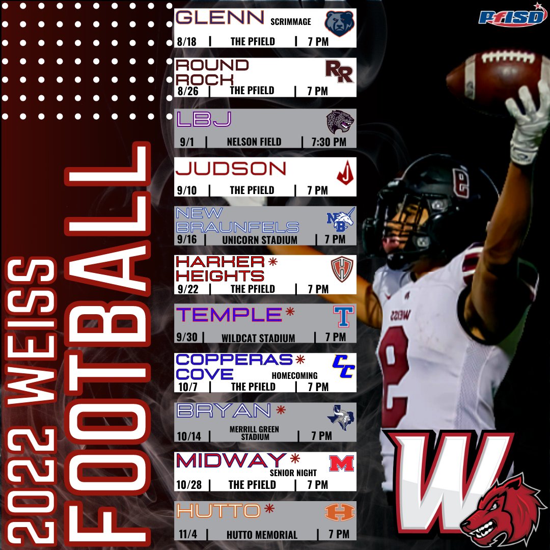 WeissFootball's tweet image. 🚨𝟐𝟎𝟐𝟐 𝐖𝐄𝐈𝐒𝐒 𝐅𝐎𝐎𝐓𝐁𝐀𝐋𝐋 𝐒𝐂𝐇𝐄𝐃𝐔𝐋𝐄!!🚨

We are excited to announce our finalized 2022 Weiss Football Schedule!!!!

#ADifferentBreed🐺 x  #PackStrong🐺