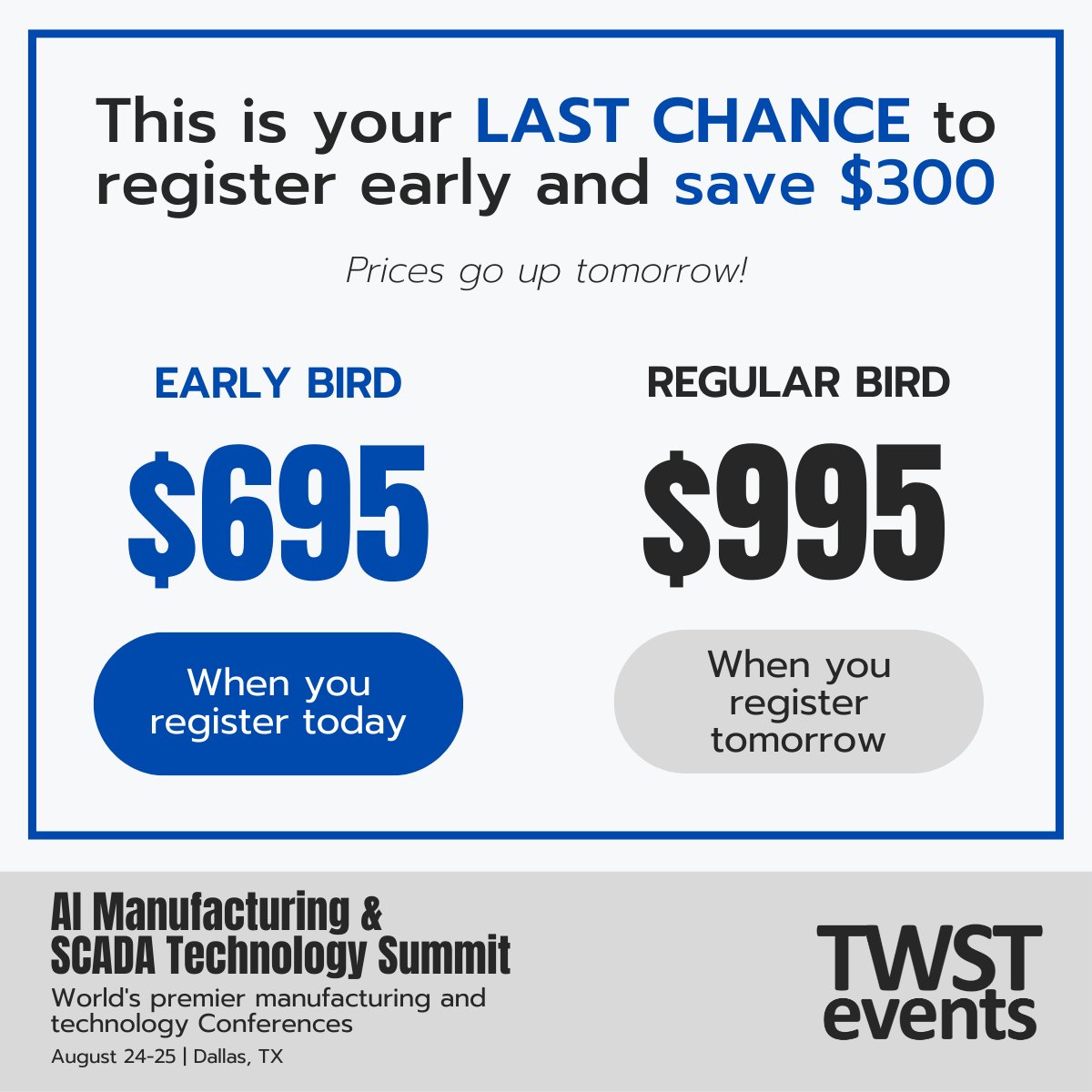 SCADATechSummit's tweet image. This is your LAST CHANCE to save $300! Prices will increase tomorrow.

AI Manufacturing: lnkd.in/eEfJD8K
SCADA Technology Summit: lnkd.in/dswVa58

#technology #conferences #manufacturing #AI #SCADA #AIMan22 #SCADATech2022
