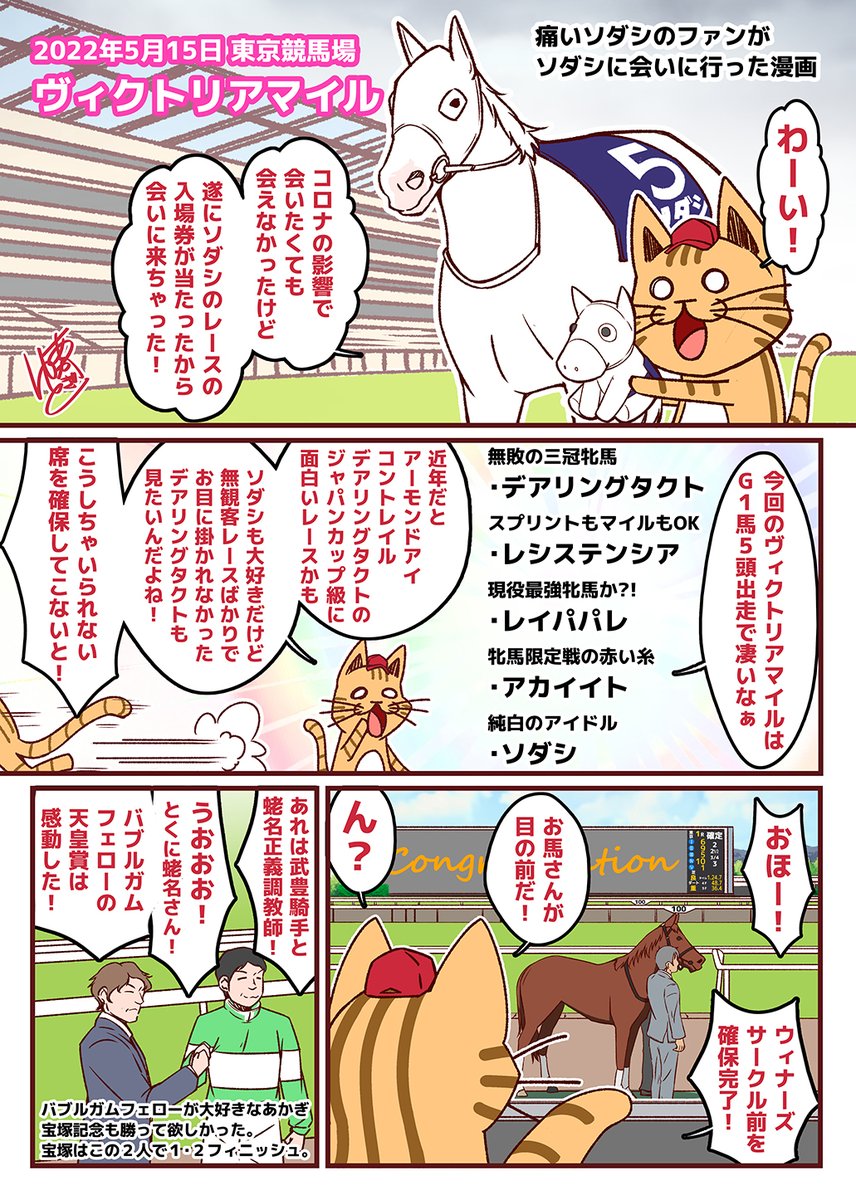 痛いソダシのファンがソダシに会いに行った漫画。
ヴィクトリアマイル制覇、おめでとう!! 