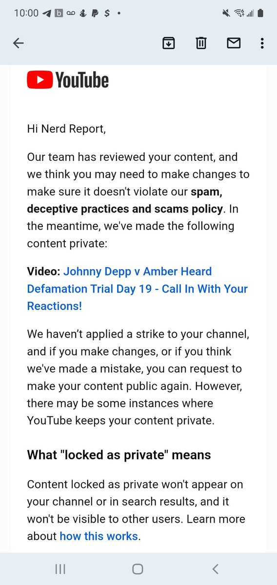 andysignore's tweet photo. . @TeamYouTube my pal @nerdlecca just got an email falsely accusing his live stream of being SPAM?! Guessing Amber Heard fans are filing false claims over his #JusticeForJohnnyDepp coverage which is real &amp; NOT SPAM. Please fix! 

Show him some love folks: https://t.co/tY8JRmvaHR https://t.co/pUMz4Tpg0A