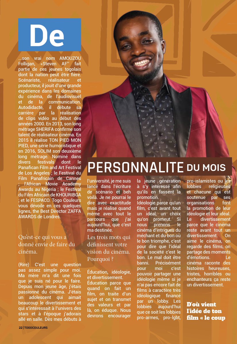 Dans <a href="/TogoCouleursMag/">Togo Couleurs Magazine</a> de ce mois, un clin d’œil à #StevenAF, de son vrai nom #AmouzouFolligan, personnalité du mois. Une #ValeurSure <a href="/Tgtwittos/">TT228</a> <a href="/denyigban/">Denyigban 🇹🇬</a>