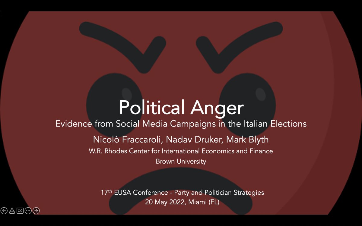 Very excited to present this work in progress on ANGER among Italian political parties using Facebook data with @nadav_druker & @MkBlyth today at #EUSA22 in Miami! 

There'll be a lot of 🤬