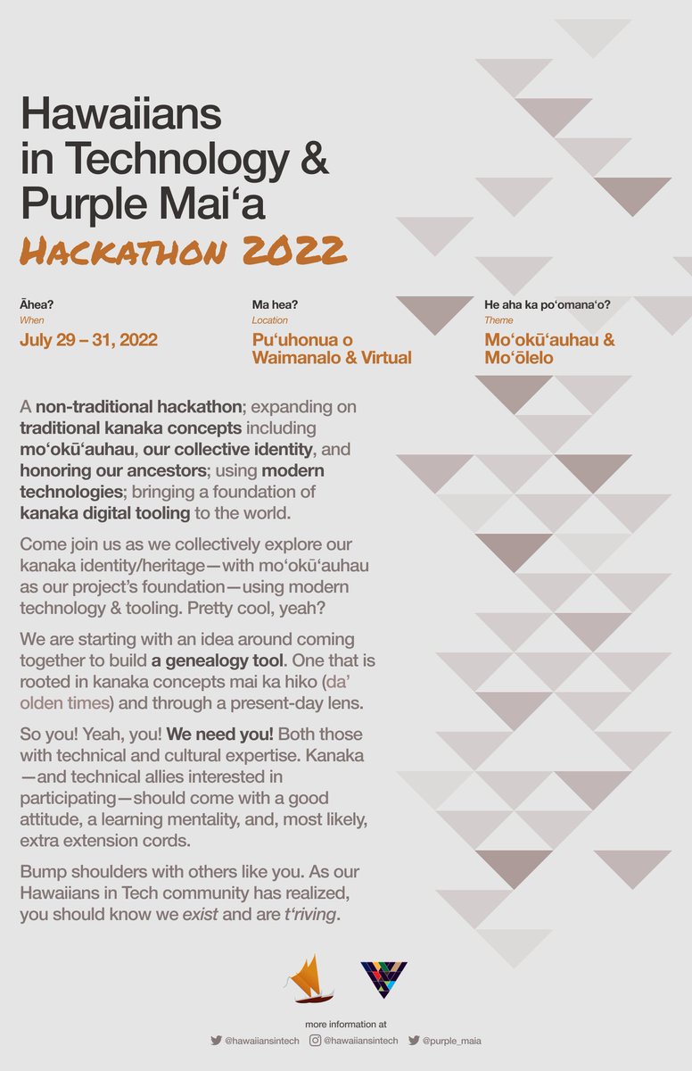 Huuui, eia nei! Announcing our inaugural Hackathon, in partnership with <a href="/purple_maia/">Purple Maiʻa</a>. More details to come. 

For now we wanted to ask everyone to save the dates: July 29th - 31st, 2022

Feel free to drop into our Discord or DM us if you have any questions! Mahalo mahalo mahalo.