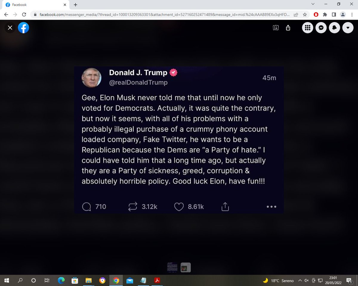 FertGiuseppe's tweet photo. Speriamo che Musk riesca a sistemare #FakeTwitter , poi toccherà a #FakeFacebook :
Dichiarazioni del Presidente Donald Trump su Elon Musk:
#USA #DonaldTrump #Trump #ElonMusk #Musk #Twitter #Dem #Democrats #GOP #Facebook #FakeNews #NotizieFalse 1/3 https://t.co/aGcelpoRjM
