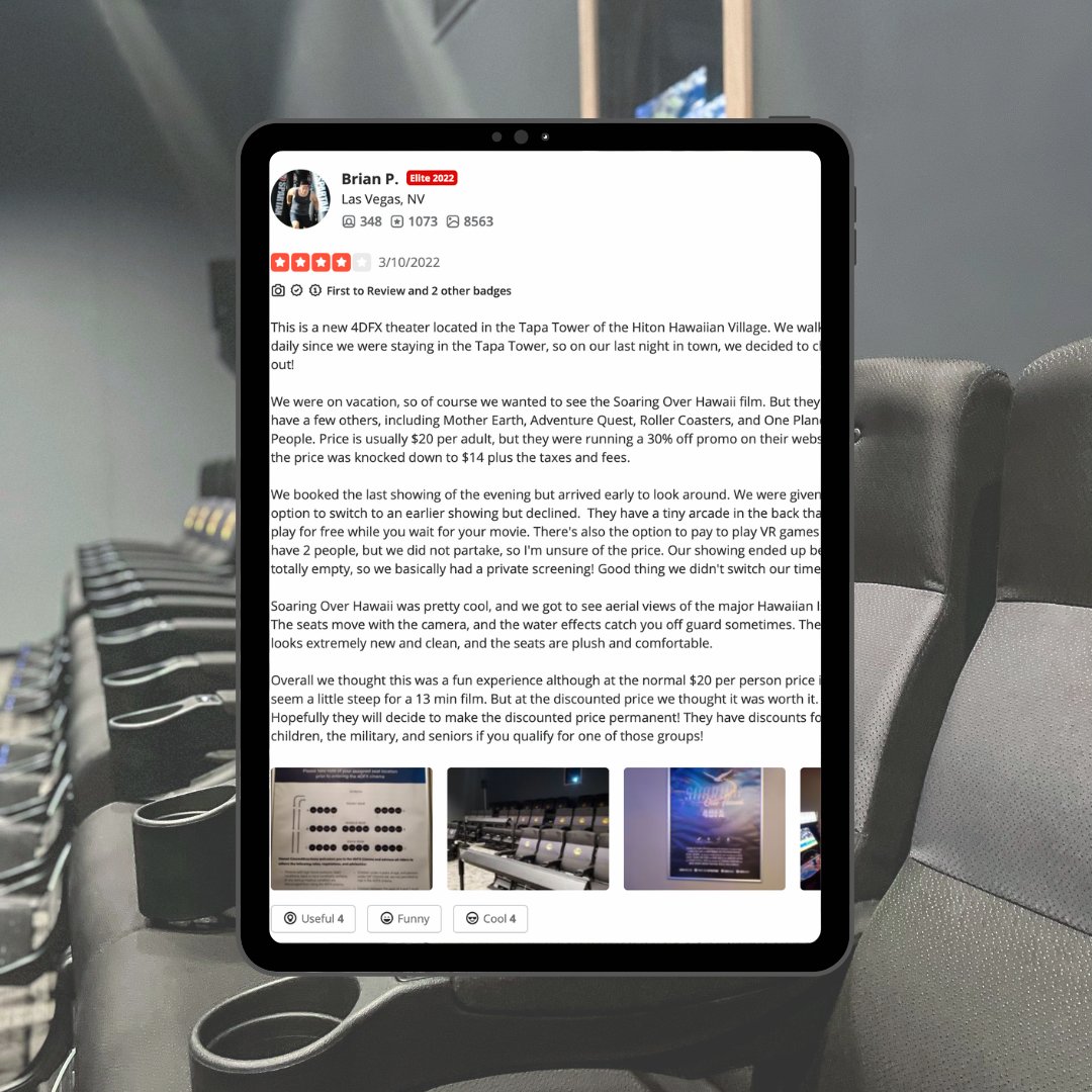 We love hearing from our guests! ❤️ If you've paid us a visit, give us some love with a review on <a href="/yelphawaii/">Yelp Hawaii</a> Thank you, Brian P., for sharing your thoughts! #Yelp #review #HICinemAttractions #Waikiki