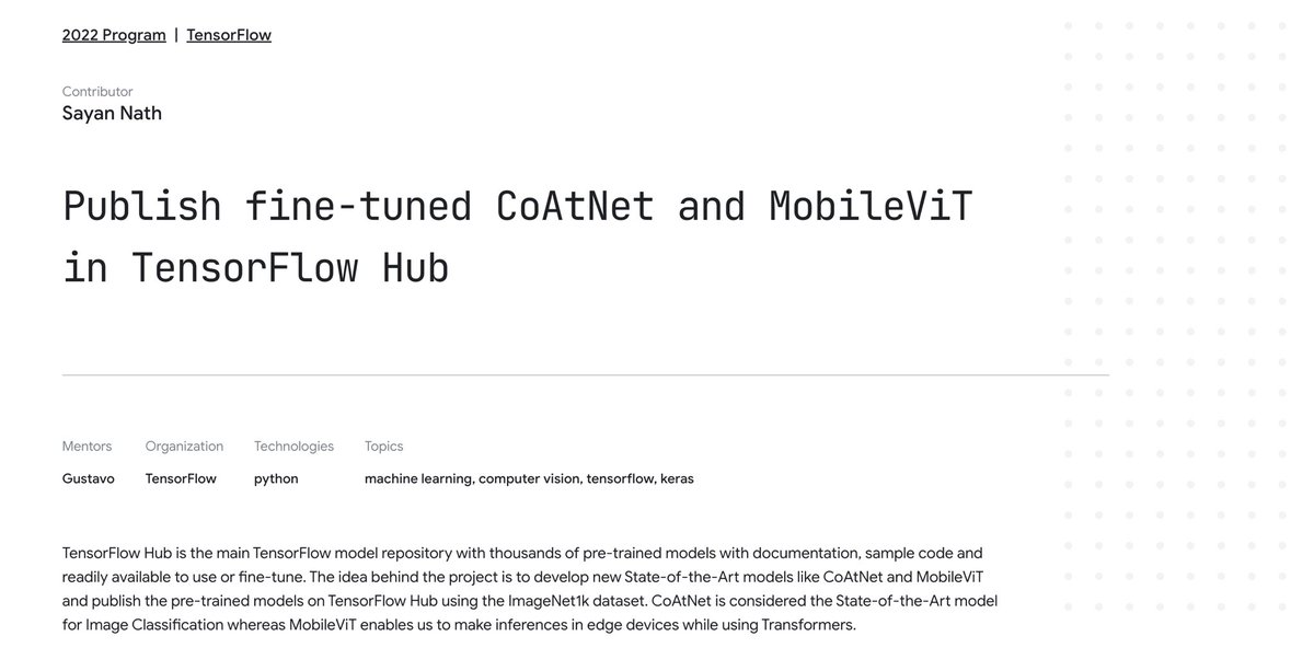 sayannath2350's tweet image. This summer will gonna be exciting. Excited to work with @gusthema ❤️
@TensorFlow #TensorFlow #GoogleSummerofCode
Project Link: summerofcode.withgoogle.com/programs/2022/…
