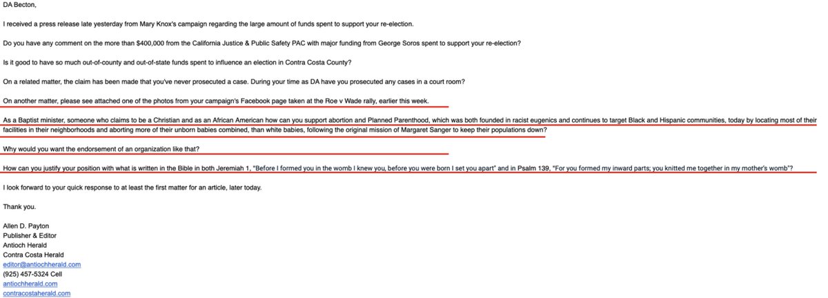 DADianaBecton's tweet photo. In the spirit of transparency, I am sharing the questions I received today from the so-called "press" outlet @antiochheraldca &amp; @cocoherald. 
For the record,  I’m proud to be the ONLY candidate running for Contra Costa District Attorney that is endorsed by @PPact. https://t.co/rCxmiWwzTa