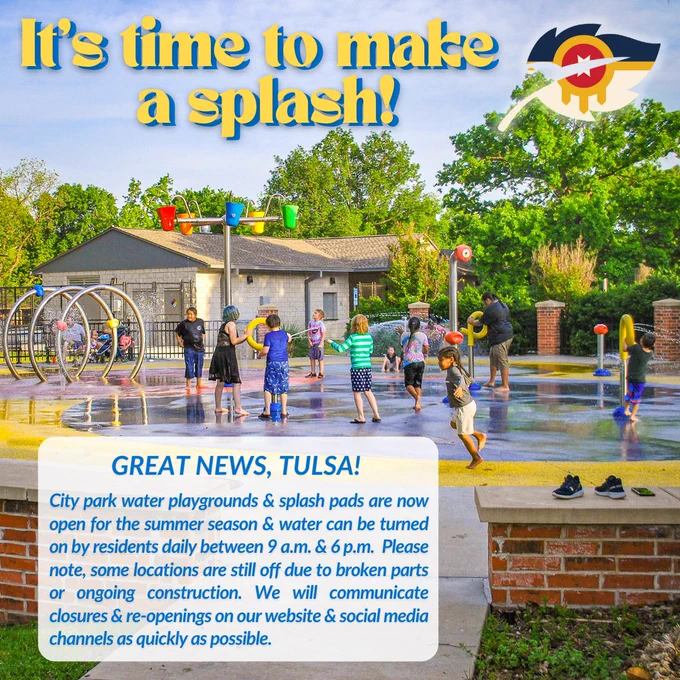 City park water playgrounds & splash pads are now open for the summer season & water can be turned on by residents daily between 9 a.m. & 6 p.m. Please note, some locations are still off due to broken parts or ongoing construction. We will communicate closures & re-openings on our website & social media channels as quickly as possible.