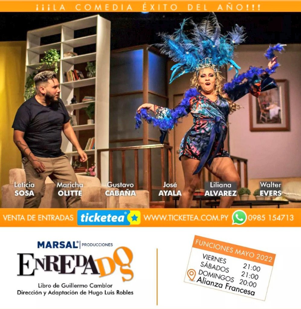 aleszpecht's tweet photo. #TEATRO. ENREDADOS. VIERNES 21. SÁBADO Y DOMINGO 20Hs. Dir: Hugo Robles. @Tavigustavi @WalterEvers @marichaolitte  @joseayalaok  @letipanambi. @alfrancesaasu Francesa (Estigarribia e/ Brasil y EEUU) Entradas Gs. 100mil  A TRAVÉS DE @TicketeaPy https://t.co/kb0KXU5We7