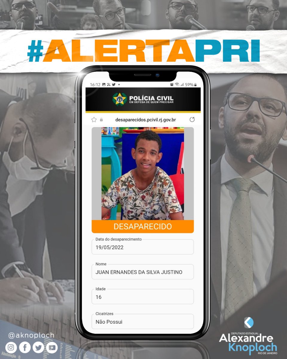 aknoploch's tweet photo. Recebeu seu #alertapri hoje? Compartilhe. Multiplique as chances de encontrarem um #desaparecido!
#alexandreknoploch #riodejaneiro #deputadoestadualrj #quemquerfaz https://t.co/1WItOlat5f