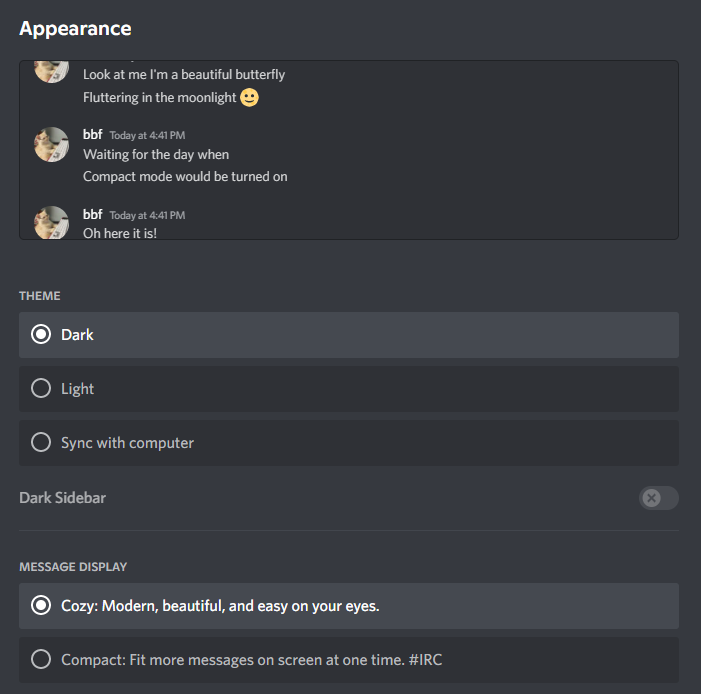 Bbfandstuffs's tweet photo. @discord Question mark?  Why is Cozy more compact than Compact? https://t.co/yGHzkVNTFN