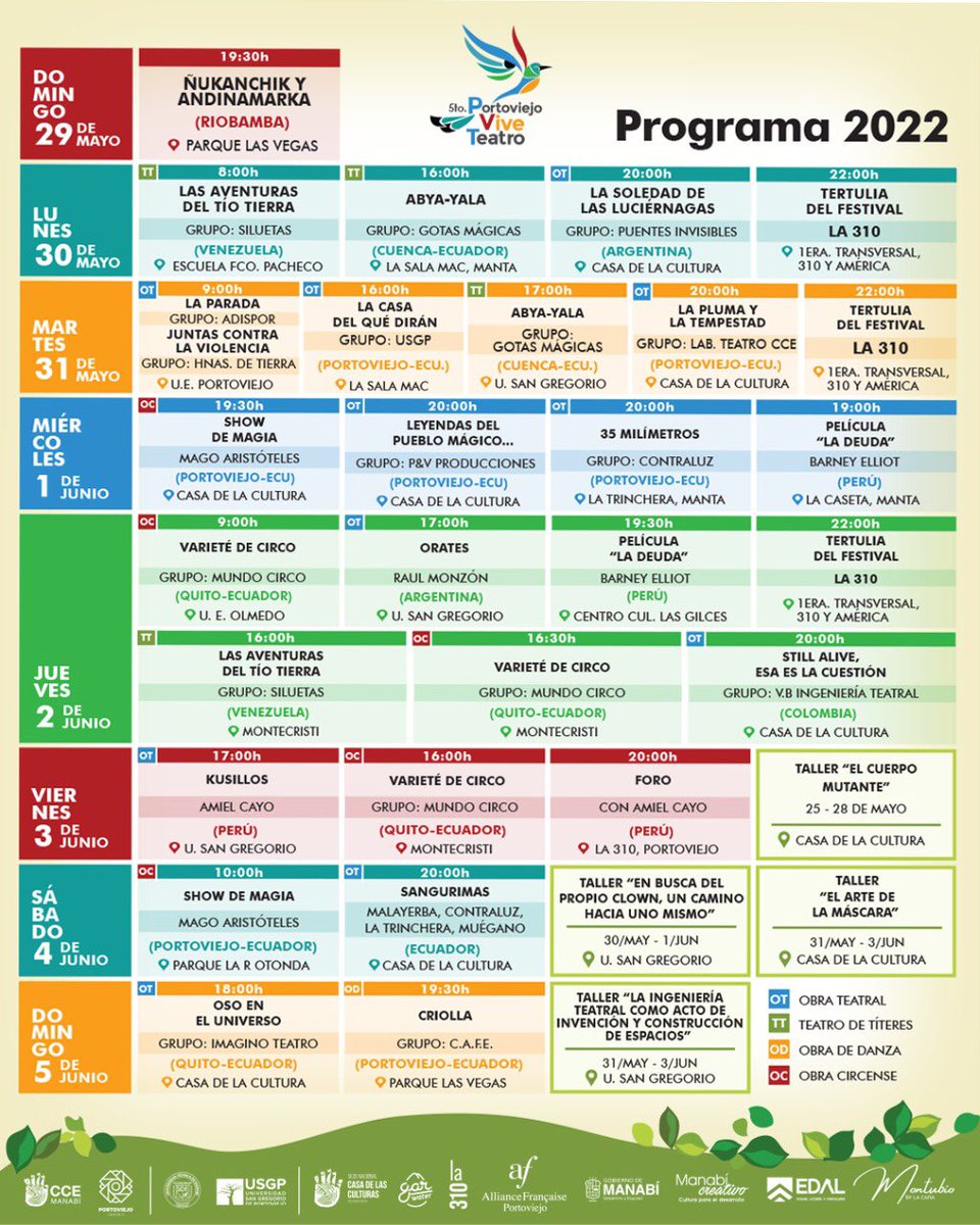 ManabiCce's tweet photo. Mira nuestra programación del Festival Internacional #PortoviejoViveTeatro 
Del 29 de mayo al 5 de junio. 
#ManabiCreativo https://t.co/fuBMpT1Cer