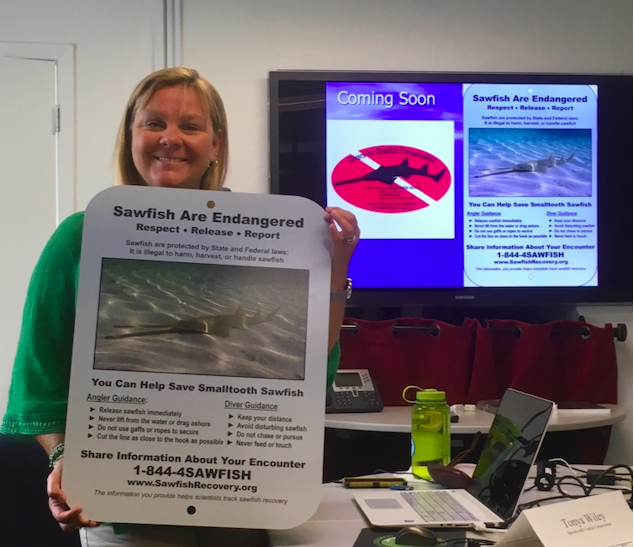 SharkAdvocates's tweet photo. #EndangeredSpeciesDay on a #FlatSharkFriday: 
A great time to express appreciation for Tonya Wiley of @CoastalElasmos and her tireless work to spread the word about Florida's Endangered Smalltooth Sawfish (especially what people can do to help save them) 💚#RespectReleaseReport https://t.co/ry7OnZTYNc
