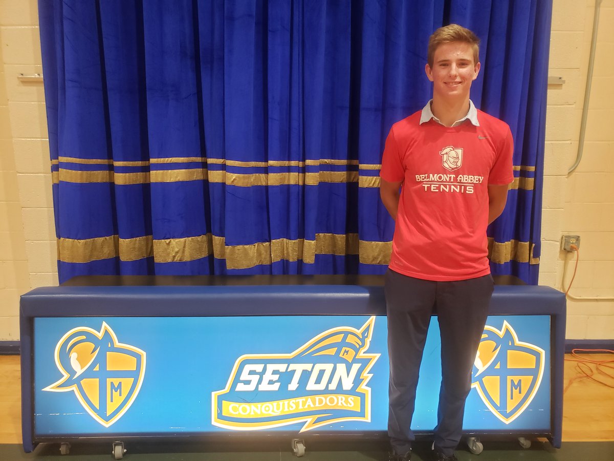 GmanJDub's tweet photo. The Seton Conquistadors happily announces talented senior tennis player Joe Rowzie will be playing for Belmont Abbey College next year. Joe led the Conquistador tennis team to the state tournament this year &amp; a VCAC championship.  Thanks, Congrats &amp; Much Future Success Joe! https://t.co/cXNCXpd4C3
