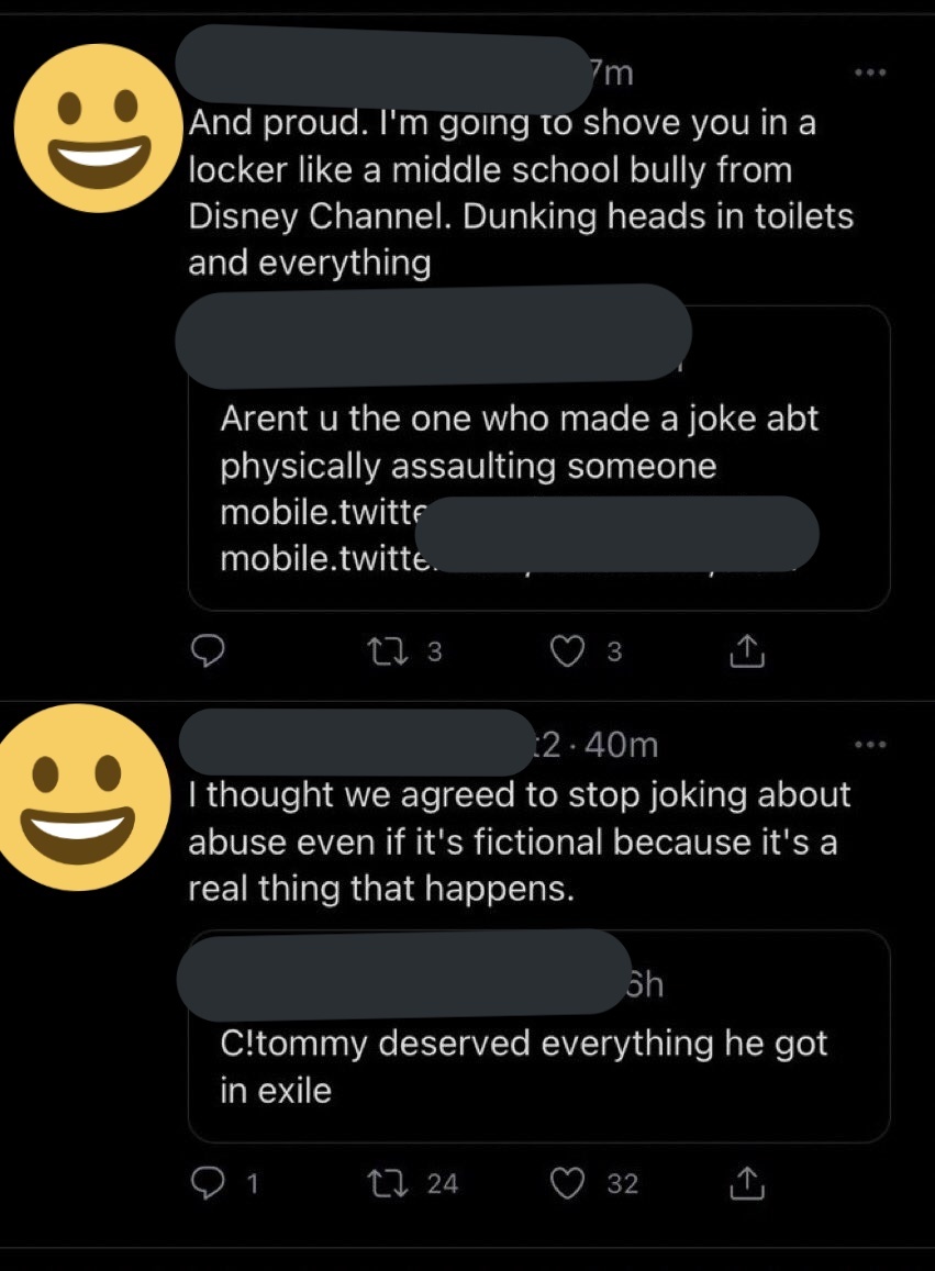 CringeAntis's tweet image. "stop making jokes about abuse guys :("
*procides to send violent treaths*