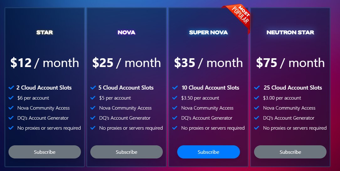 🎮GET A PS5 for as cheap as $3 per account on this months drop!
☁️Nova Cloud is now cheaper than ever!
🤑No additional subscription, costs, or strings attached!
Go to novaauth.com/login and click "GET CLOUD" after logging in.