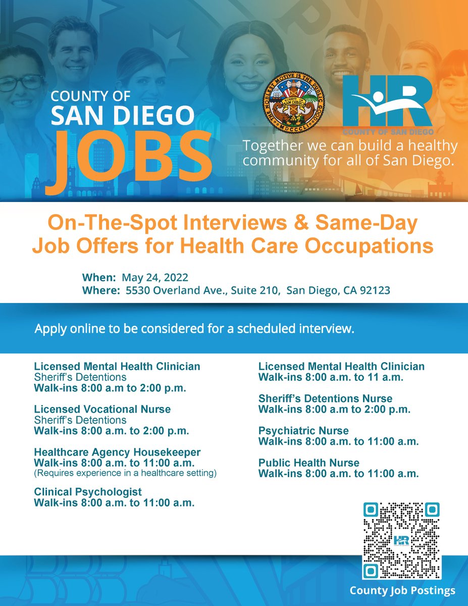 <a href="/SDCountyHHSA/">SD HHSA</a> and <a href="/SDSheriff/">San Diego Sheriff</a>  will be hosting an On-the-Spot Interview and Same-day Job Offer event for health care occupations. Join us on Tuesday, May 24 from 8 a.m. to 2 p.m. at the County Operations Center, 5530 Overland Ave., Suite 210.

See graphic for more details.