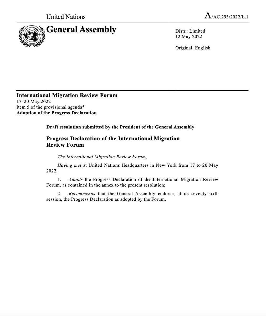 LuxembourgUN's tweet photo. The first ever International Migration Review Forum #IMRF has adopted its #ProgressDeclaration by consensus!
In reaffirming the #GCM, the international community has renewed its commitment to facilitate safe, orderly and regular migration and #StandUp4Migrants
#Migration2022 https://t.co/7QlxqloLim