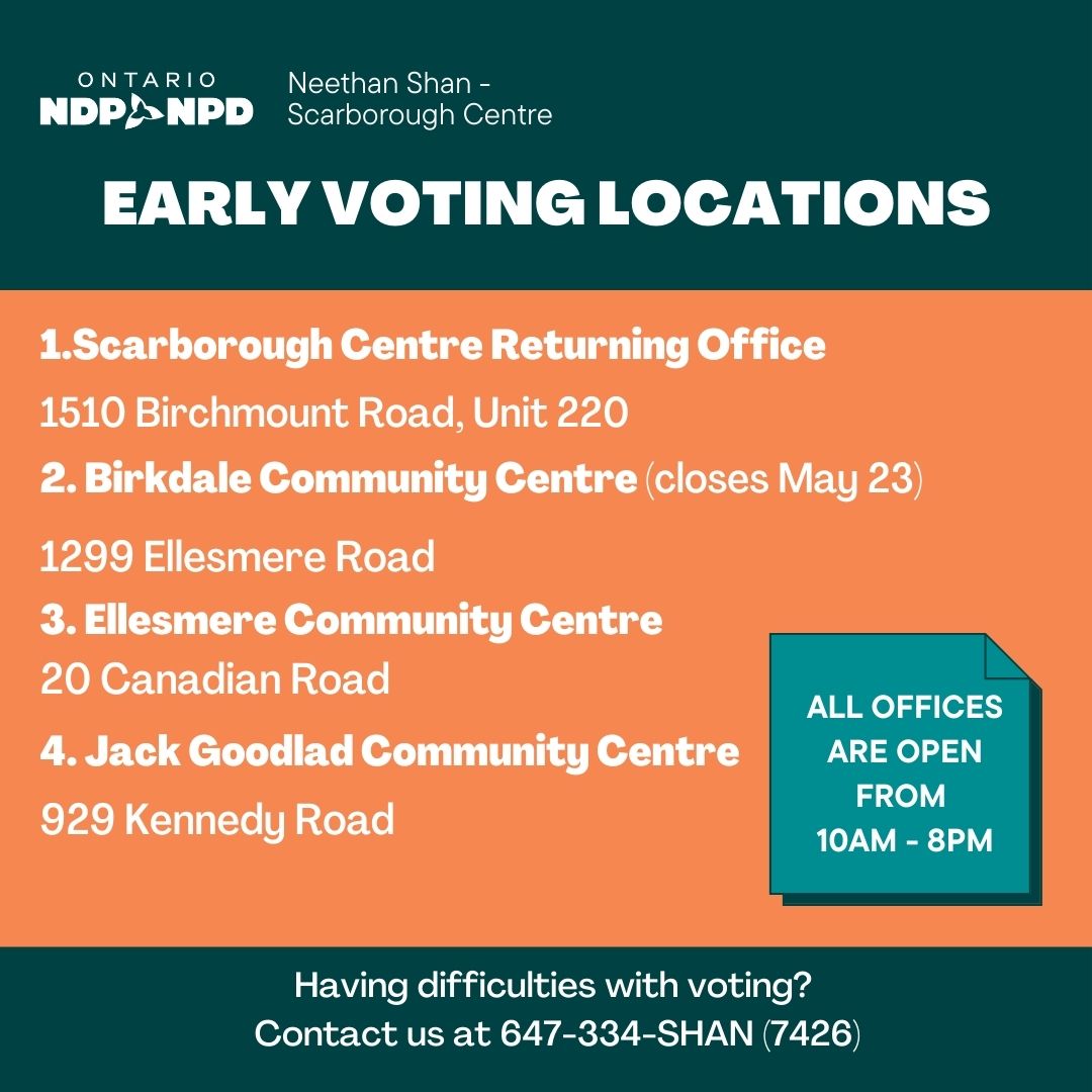 NeethanShan's tweet photo. Advance voting is now open! Vote early from May 19-28 from 10AM-8PM. Together, let's elect a government that works for the people!

Have questions about voting? Need a ride? Call 647-334-SHAN (7426)

#onpoli #ONDP #ScarbCentre #TeamNeethan https://t.co/JPiFwPpKxp