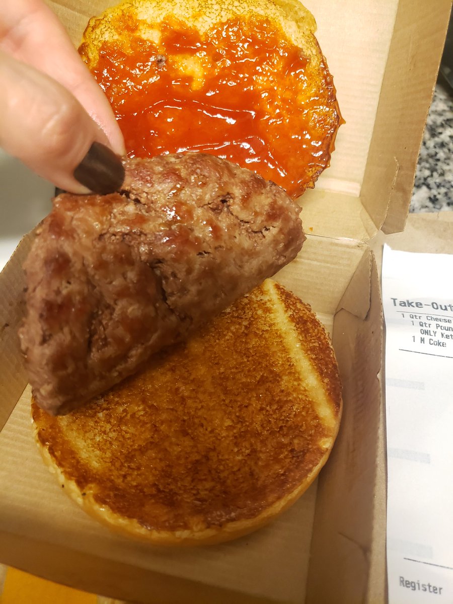 ChickOfHorror's tweet photo. Hey @McDonalds ummmm can I get some kind of compensation? I asked for 1/4 WITH CHEESE I got a plain burger.... I paid $10 for this meal! I'm really hangry now. #hangry #McDonalds #badorder #wtf https://t.co/9X8YFDgmZT